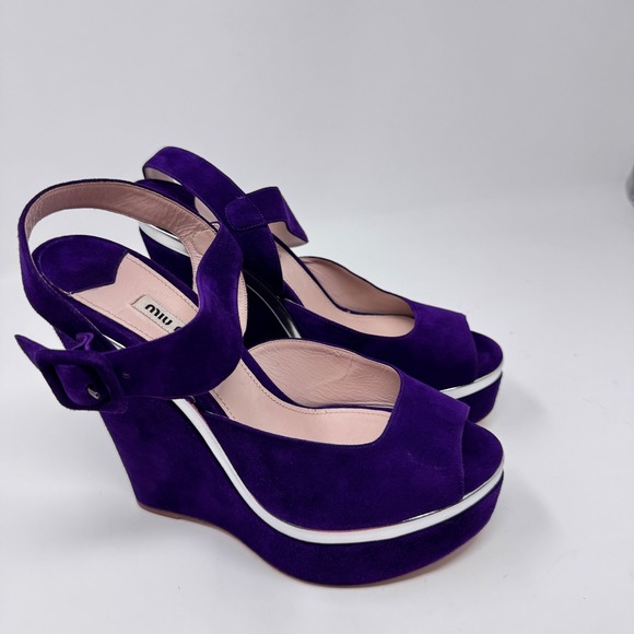 Miu Miu Purple Suede Platform Wedge Sandals Size 39.5 - Picture 1 of 11